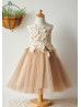 Tan Satin Tulle Knee Length Floral Flower Girl Dress